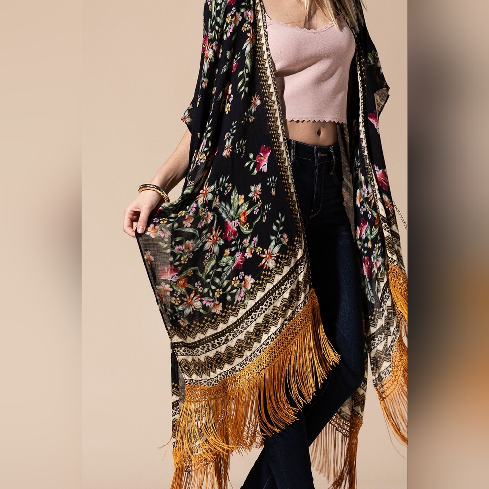 Bohemian Floral Print Kimono / Duster - Fine Golden Fringe Tassels - Side Slits - Picture 10 of 14